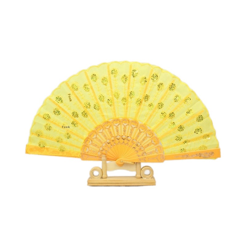Eco-Friendly Plastic Folding Hand Fan with ROMANCE Style for Promotional Activities in 21cm/23cm/26.5cm/33cm Sizes and 100 Pcs MOQ
